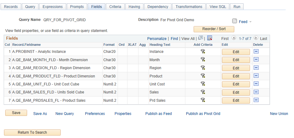Fields page showing the Publish as Pivot Grid link