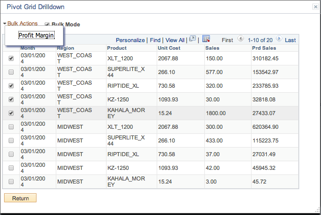 Pivot Grid Detail View displaying the related action menu