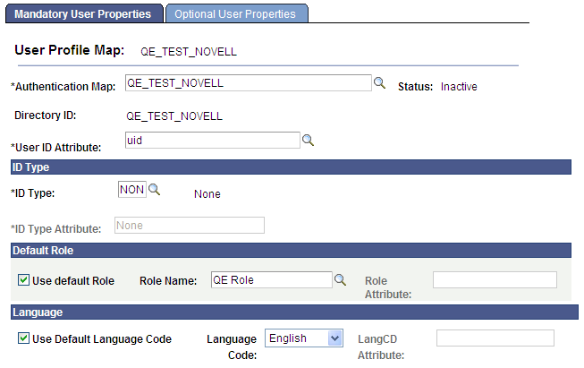 User Profile Map - Mandatory User Properties page