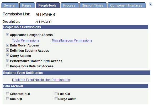 Permission Lists - PeopleTools page