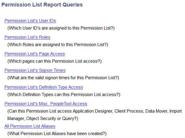 Permission List Report Queries page