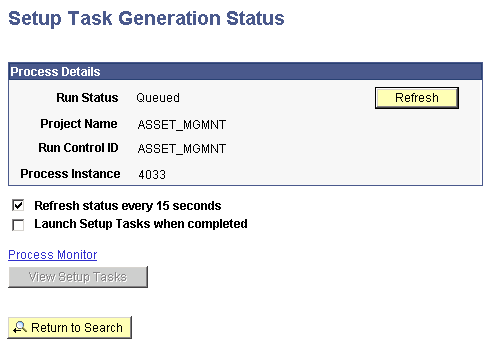 Setup Task Generation Status page