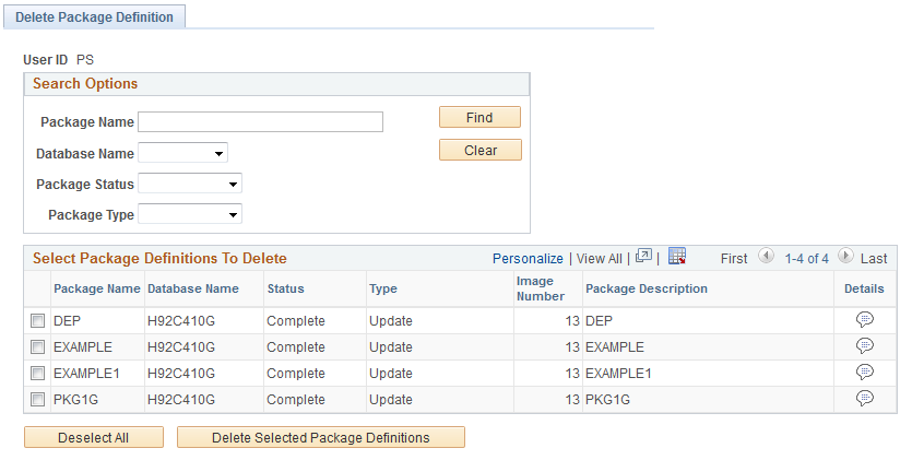 Delete Package Definition page
