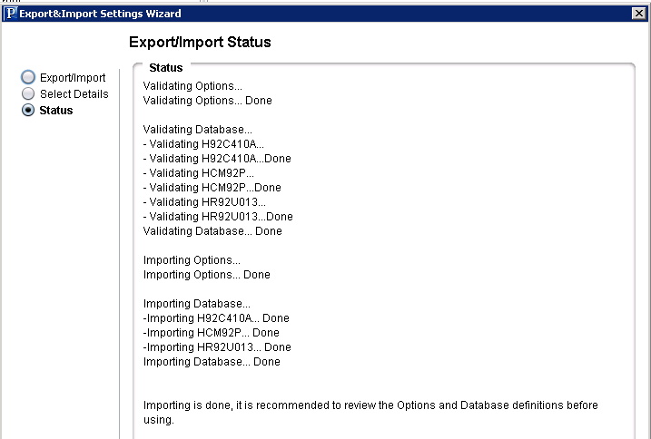 Export/Import Status page showing import complete