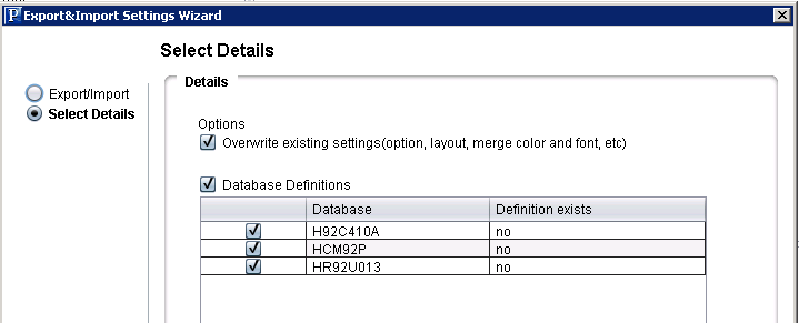 Example Select details page for option import from configuration backup