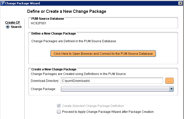 Change Assistant - Define or Create a New Change Package page