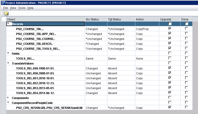 Project Administration window with compare results