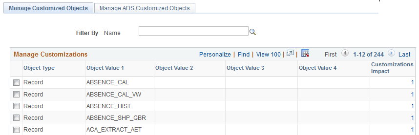Manage Customized Objects page