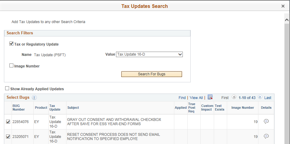 Tax Updates Search page