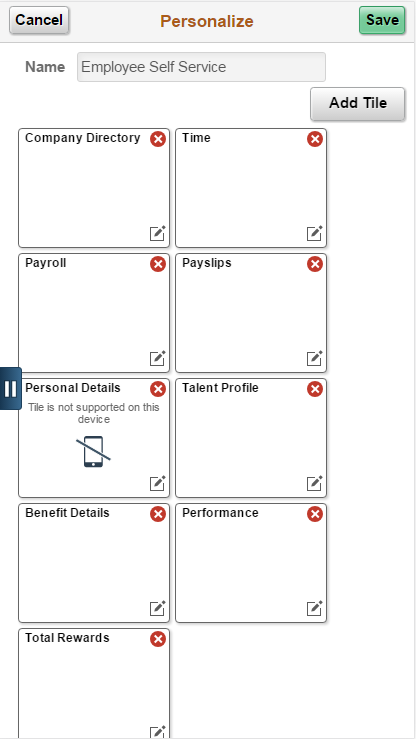 Personalize Homepage page on a smart phone with the Personal Details tile displaying the device (smart phone) is not supported indicator