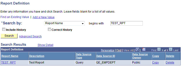 Report Definition Search page (Copying a report definition)