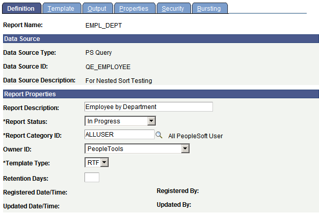 Report definition page specifying RTF template