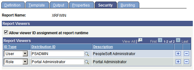 Report Definition-Security page