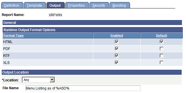 Report Definition-Output page (RTF template)