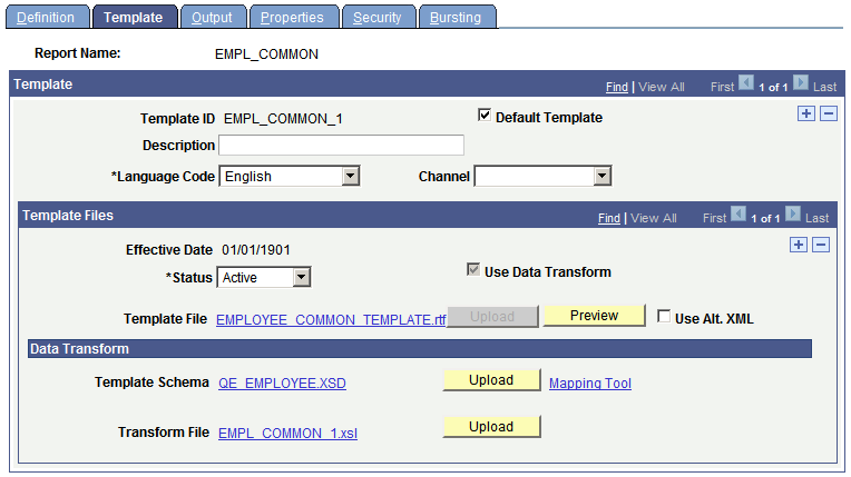 Template defined to use data transform