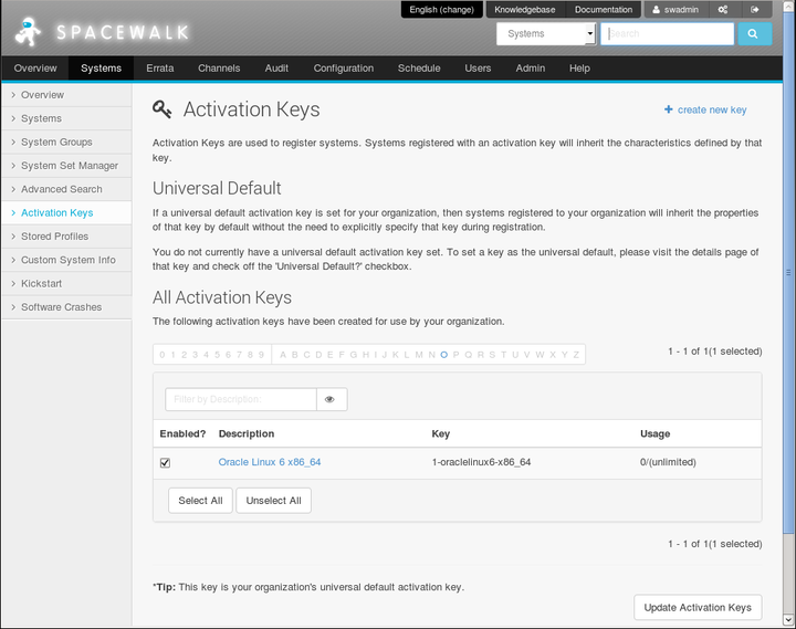 The image shows the Activation Keys page of the Spacewalk web interface.