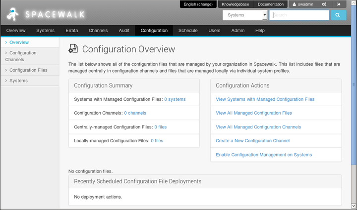 The image shows the Configuration Overview page of the Spacewalk web interface.