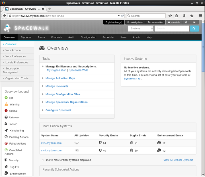 The image shows the Overview page or dashboard view of the Spacewalk web interface.