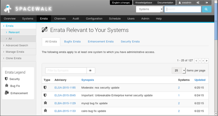 The image shows the Errata Relevant to Your Systems page of the Spacewalk web interface.