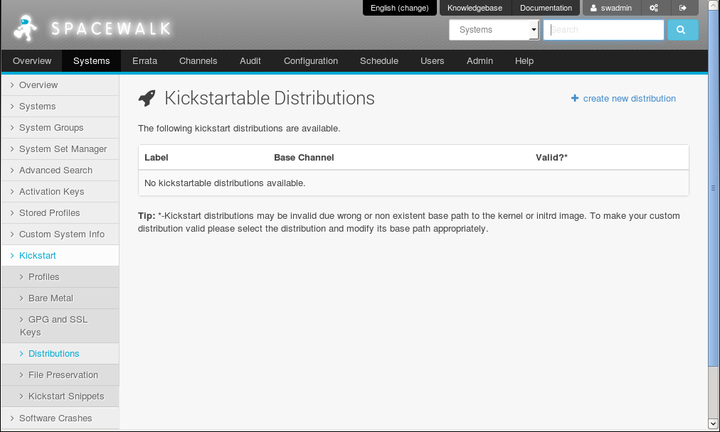 The image shows the Kickstartable Distributions page of the Spacewalk web interface.