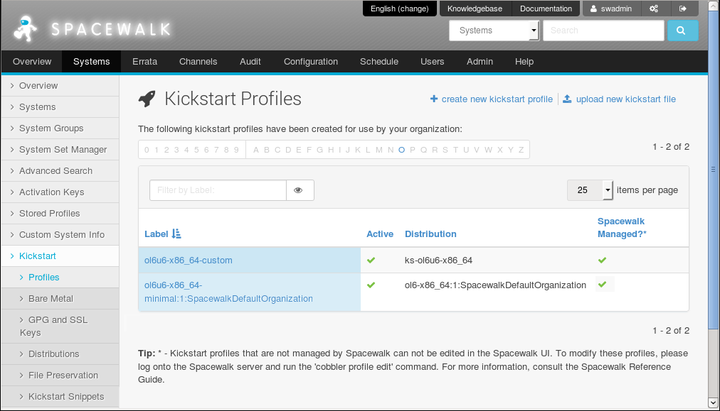 The image shows the Kickstartable Profiles page of the Spacewalk web interface.