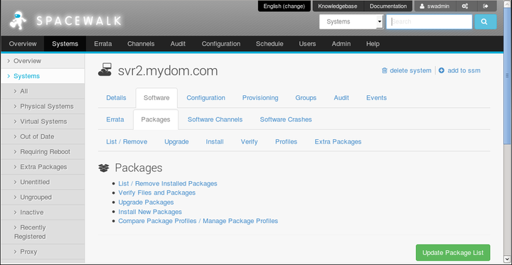 The image shows the Packages page of the Spacewalk web interface.