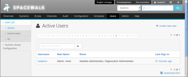 The image shows the Active Users page of the Spacewalk web interface.