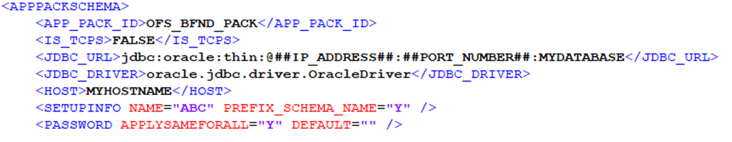 Title: Description of the sample OFS_BFND_SCHEMA_IN.xml file with the APPPACKSCHEMA block follows - Description: This illustration shows the OFS_BFND_SCHEMA_IN.xml file with sample values for the APPPACKSCHEMA block parameters.