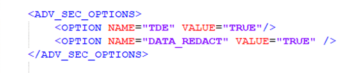 Title: Description of the sample OFS_BFND_SCHEMA_IN.xml file with the ADV_SEC_OPTIONS block follows - Description: This illustration shows the OFS_BFND_SCHEMA_IN.xml file with sample values for the ADV_SEC_OPTIONS block parameters.
