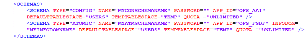 Title: Description of the sample OFS_BFND_SCHEMA_IN.xml file with the SCHEMAS block follows - Description: This illustration shows the OFS_BFND_SCHEMA_IN.xml file with sample values for the SCHEMAS block parameters.