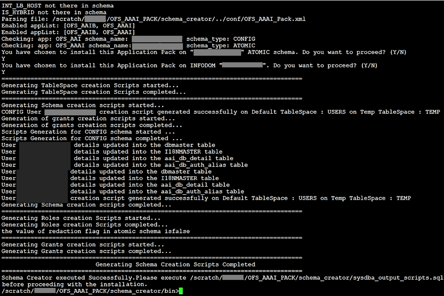 Title: Description of the sysdba_output_scripts.sql file execution to install the subsequent Applications Pack follows - Description: This illustration shows the sysdba_output_scripts.sql file execution to install the subsequent Applications Pack.
