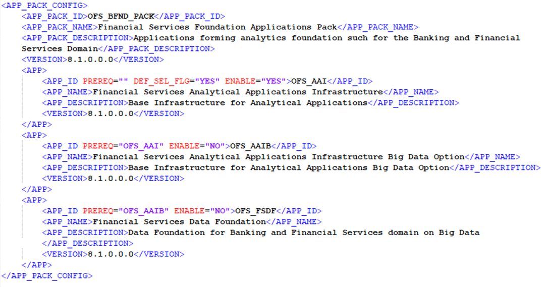 This illustration shows the sample OFS_BFND_PACK.xml file with the update for Upgrade. Title: Description of the sample OFS_BFND_PACK.xml file with the update for Upgrade follows - Description: This illustration shows the sample OFS_BFND_PACK.xml file with the update for Upgrade.