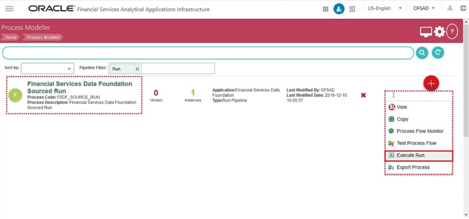 Title: Description of selecting the Execute Run in the Run Pipeline illustration follows - Description: This illustration shows the selection of the Execute Run in the required Run Pipeline. In the Process Modeller page, for the required Run Pipeline, select the Menu icon. In the Menu list, select Execute Run.