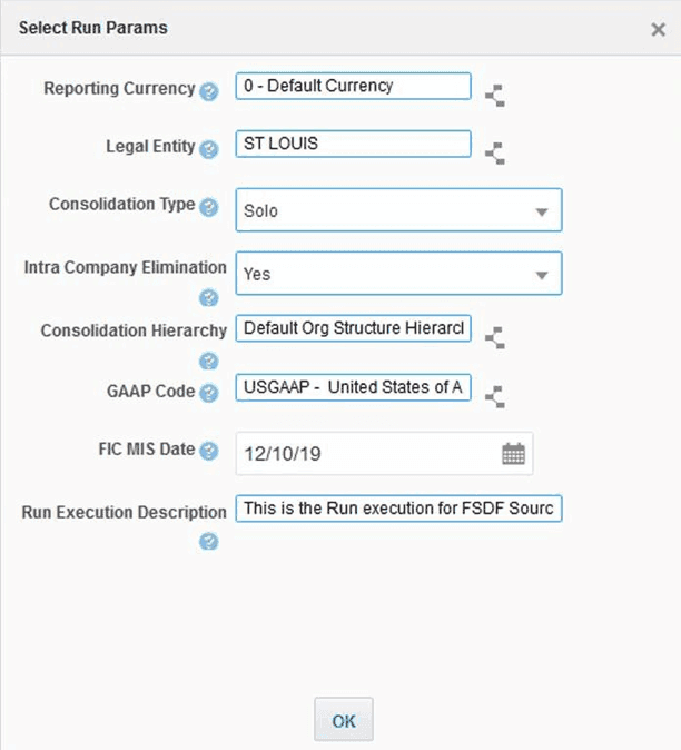 Title: Description of the Select Run Params page follows - Description: This illustration shows the Select Run Params page. Select the required Run parameters to execute the Run Pipeline. When you enter the required Run parameters and click OK, the Run execution is triggered. The functionalities are described in detail in the tabular column that follows this illustration.