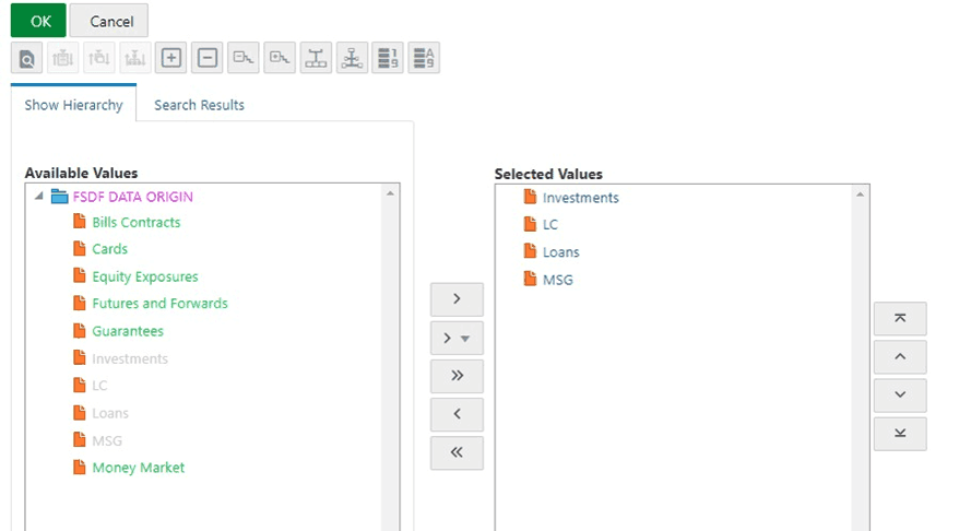 Title: Description of selection of the LOVs in the Hierarchy page for the Hierarchy Filter illustration follows - Description: This illustration shows the Hierarchy page for the selected Hierarchy Filter. Select the required LOVs in the Available Values section and move to the Selected Values section. Then click OK.