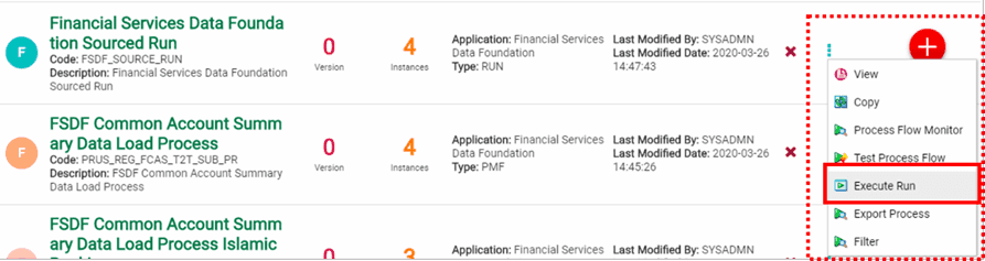 Title: Description of the execution of the PMF Sourced Run illustration follows - Description: This illustration shows the execution of the PMF Sourced Run. In the Process Modeller page, for the Financial Services Data Foundation Sourced Run for which the Hierarchy Filter is created, select the menu. In the listed menu, select the Execute Run to Run this Pipeline.