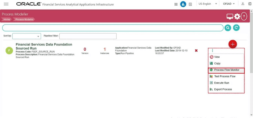 Title: Description of selecting the Process Flow Monitor in the Run Pipeline illustration follows - Description: This illustration shows the selection of the Process Flow Monitor in the required Run Pipeline. In the Process Modeller page, for the required Run Pipeline, select the Menu icon. In the Menu list, select Process Flow Monitor.