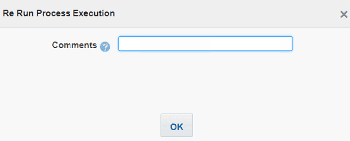 Title: Description of the Re Run Process Execution page follows - Description: This illustration shows the Re Run Process Execution page. Enter the reason to rerun the Run execution process in the Comments field and click OK.