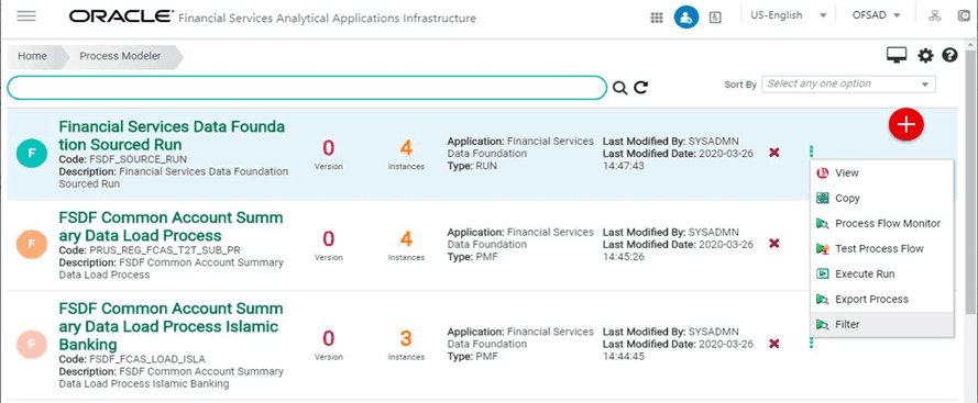 Title: Description of selection of the Filter in the Financial Services Data Foundation Sourced Run pipeline menu illustration follows - Description: This illustration shows the Process Modeller page. Select the menu of the Financial Services Data Foundation Sourced Run pipeline. In the listed menu items, select Filter.