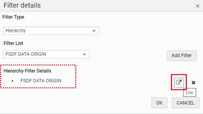 Title: Description of the Filter Details page with the Hierarchy Filter Details illustration follows - Description: This illustration shows the Filter Details page with the Hierarchy Filter Details. Click the pop-out icon.