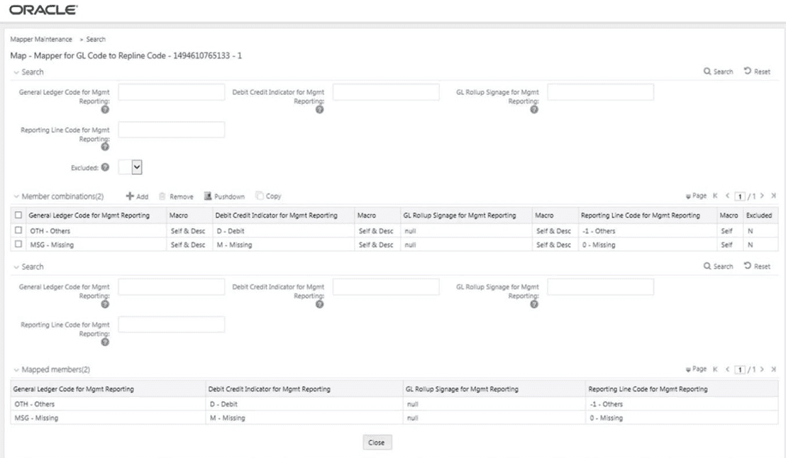 This illustration shows the Mapper Maintenance page with the Mapper for GL code to Repline code. Data Foundation application maps OTH and MSG out-of-the-box for this mapper. You can maintain the remaining mappings according to the requirement. Title: Description of the Mapper Maintenance page follows - Description: This illustration shows the Mapper Maintenance page with the Mapper for GL code to Repline code. Data Foundation application maps OTH and MSG out-of-the-box for this mapper. You can maintain the remaining mappings according to the requirement.