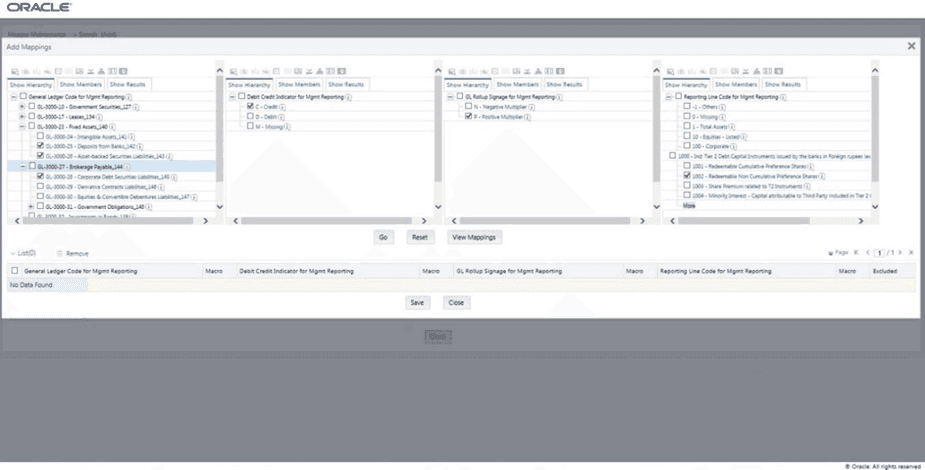 This illustration shows the Add Mappings page for the Many-to-One mapping at child hierarchy level. Select the required codes. Title: Description of the Add Mappings page for the Many-to-One mapping at child hierarchy level follows - Description: This illustration shows the Add Mappings page for the Many-to-One mapping at child hierarchy level. Select the required codes.