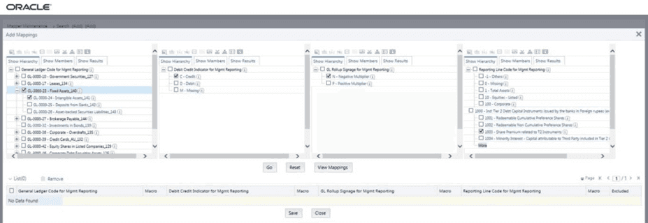 This illustration shows the Add Mappings page for the one parent to one Reporting Line Code mapping at parent and child hierarchy level. Select the required codes. Title: Description of the Add Mappings page for the one parent to one Reporting Line Code mapping at parent and child hierarchy level follows - Description: This illustration shows the Add Mappings page for the one parent to one Reporting Line Code mapping at parent and child hierarchy level. Select the required codes.