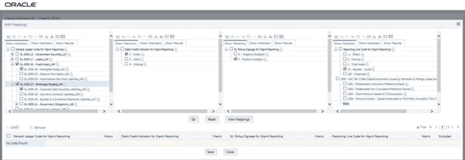This illustration shows the Add Mappings page for the many parents to one Reporting Line Code mapping at parent and child hierarchy level. Select the required codes. Title: Description of the Add Mappings page for the many parents to one Reporting Line Code mapping at parent and child hierarchy level follows - Description: This illustration shows the Add Mappings page for the many parents to one Reporting Line Code mapping at parent and child hierarchy level. Select the required codes.