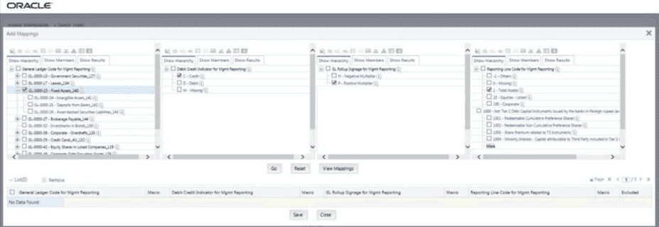 This illustration shows the Add Mappings page for the one parent to one or many Reporting Line Codes mapping without Descendants. Select the required codes. Title: Description of the Add Mappings page for the one parent to one or many Reporting Line Codes mapping without Descendants follows - Description: This illustration shows the Add Mappings page for the one parent to one or many Reporting Line Codes mapping without Descendants. Select the required codes.