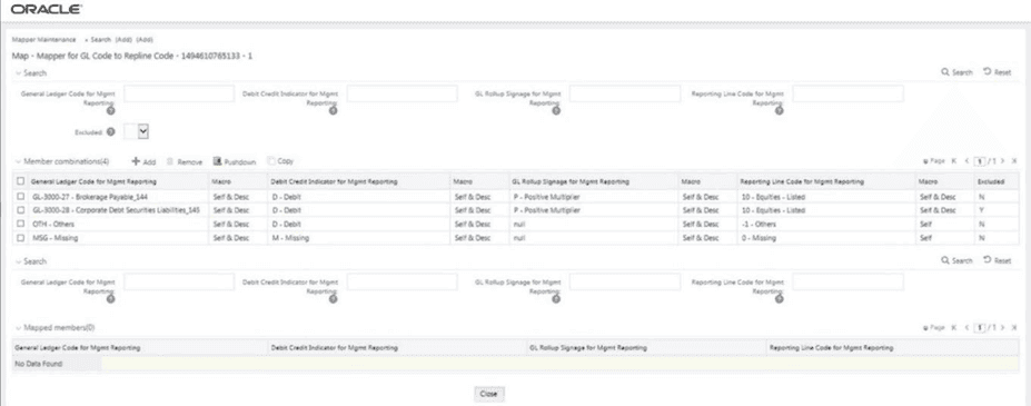 This illustration shows the mapped member combinations listed in the Mapper Maintenance page. Title: Description of the mapped member combinations listed in the Mapper Maintenance page follows - Description: This illustration shows the mapped member combinations listed in the Mapper Maintenance page.