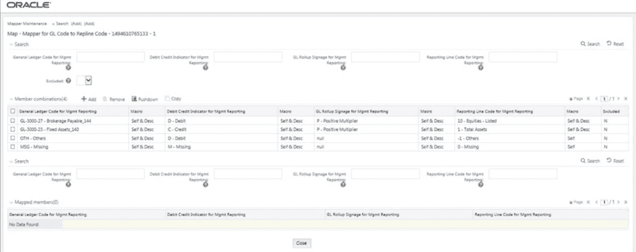 This illustration shows the mapped member combination sets listed in the Mapper Maintenance page. Title: Description of the mapped member combination sets listed in the Mapper Maintenance page follows - Description: This illustration shows the mapped member combination sets listed in the Mapper Maintenance page.