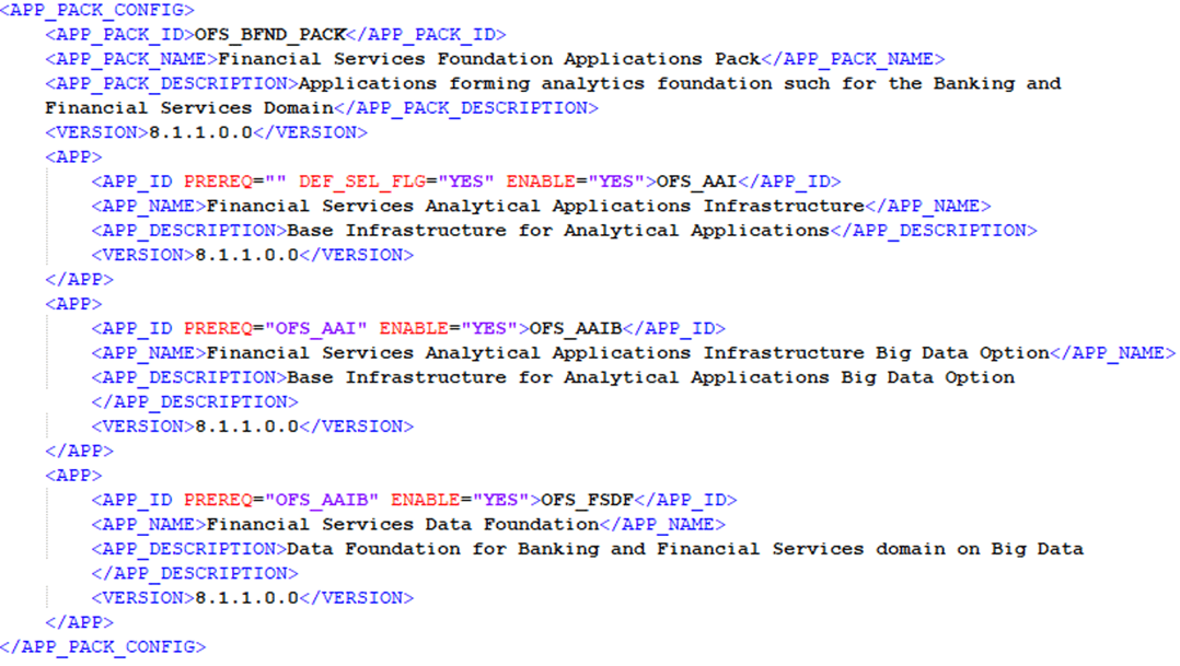 This illustration shows the OFS_BFND_PACK.xml file with sample values for the parameters.