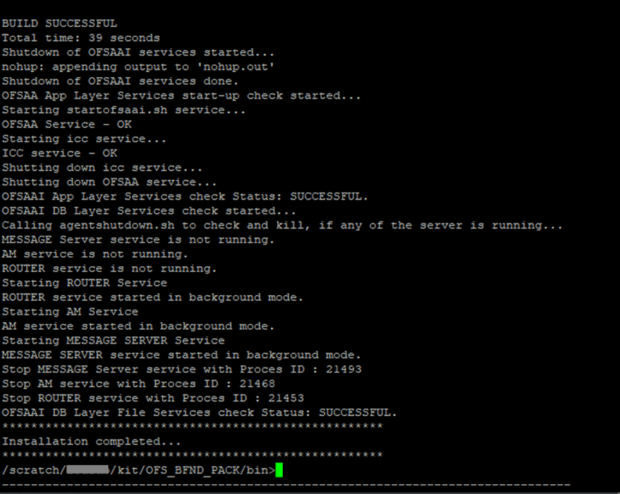 This illustration shows the successful installation of the OFSDF Application Pack in the SILENT mode. 