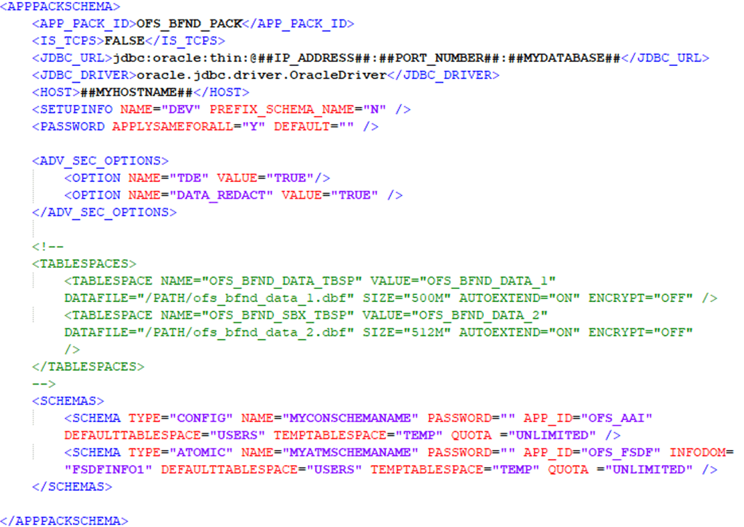 This illustration shows the OFS_BFND_SCHEMA_IN.xml file with sample values for the parameters.